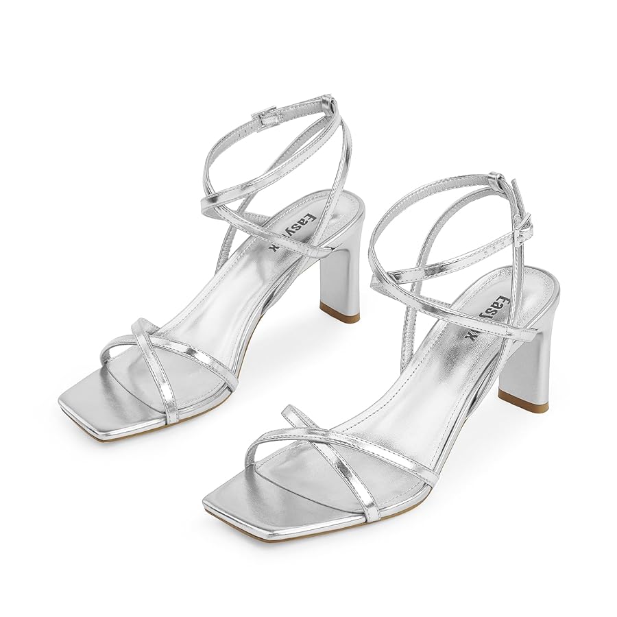 ✨ Sandalias Plateadas con Tacón y Tiras Cruzadas