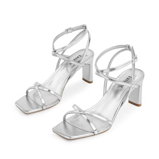 ✨ Sandalias Plateadas con Tacón y Tiras Cruzadas