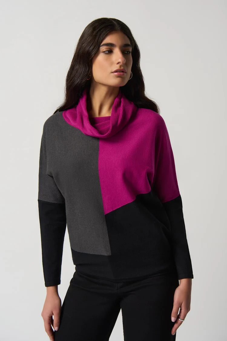 Suéter Color Block Fucsia, Gris y Negro – Sofisticación Moderna