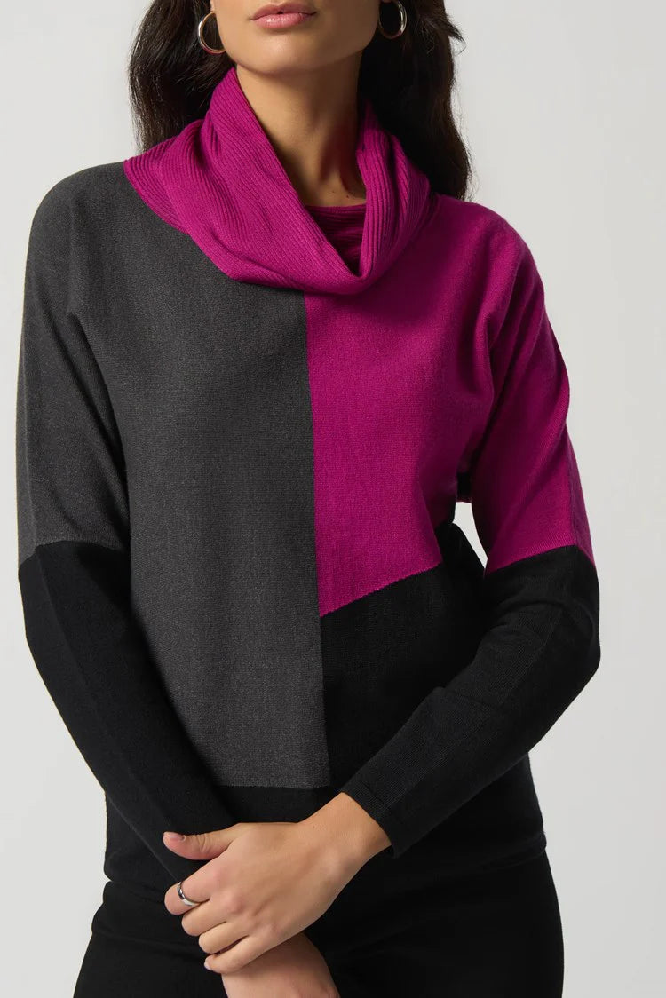 Suéter Color Block Fucsia, Gris y Negro – Sofisticación Moderna
