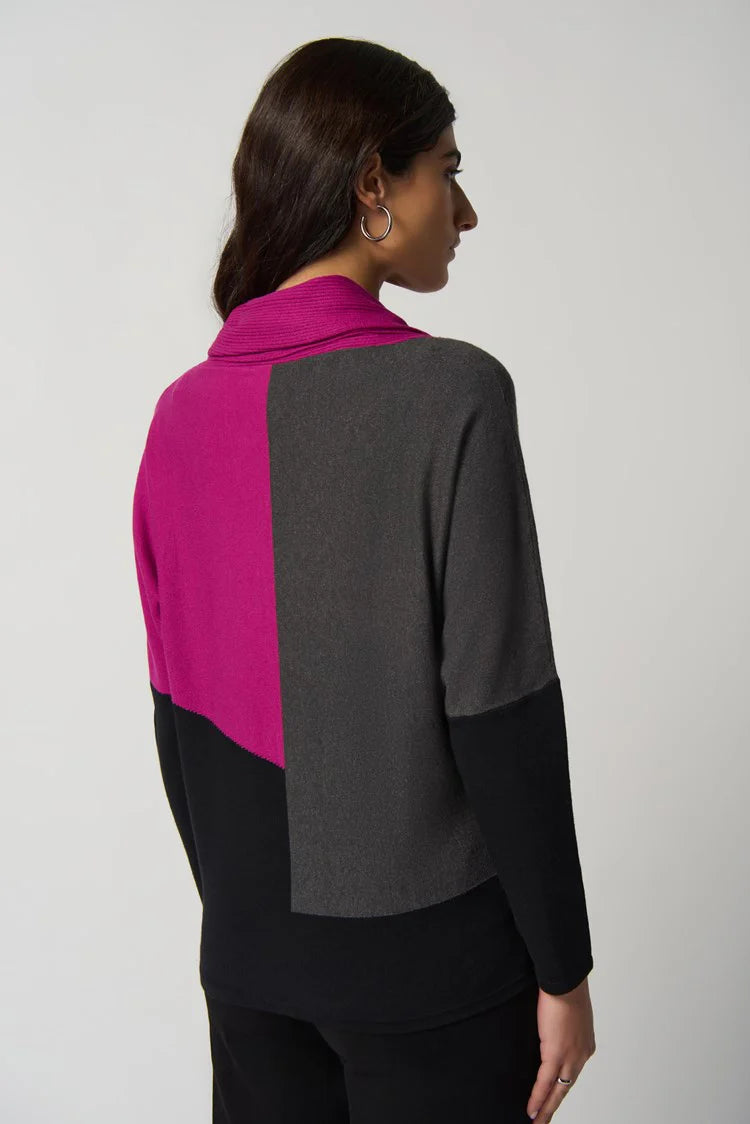 Suéter Color Block Fucsia, Gris y Negro – Sofisticación Moderna