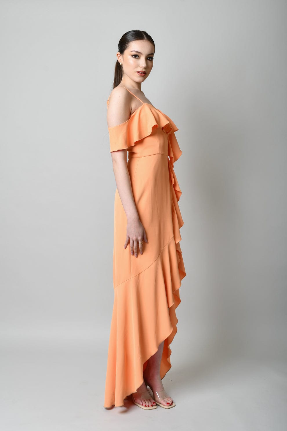 Vestido Largo de Volantes en Color Durazno-Dress04