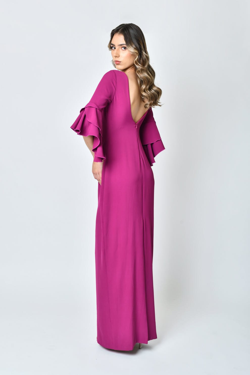 Vestido Largo Fucsia con Manga Volada-Dress11