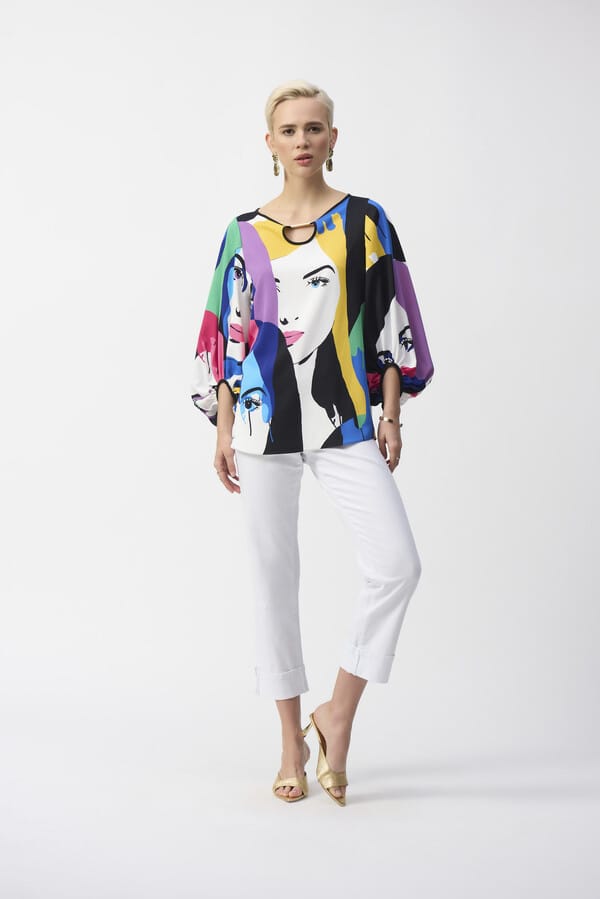 Blusa Estampada con Rostros y Mangas Globo – Joseph Ribkoff 251148