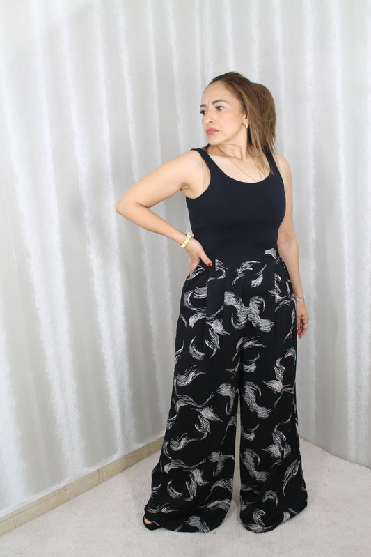 Pantalón Palazzo Negro Estampado – Elegancia Fluida