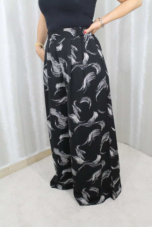 Pantalón Palazzo Negro Estampado – Elegancia Fluida