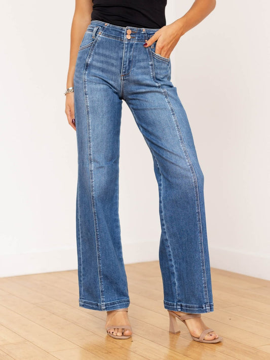 Jean Wide Leg Azul Medio con Costuras – Estilo Moderno y Favorecedor