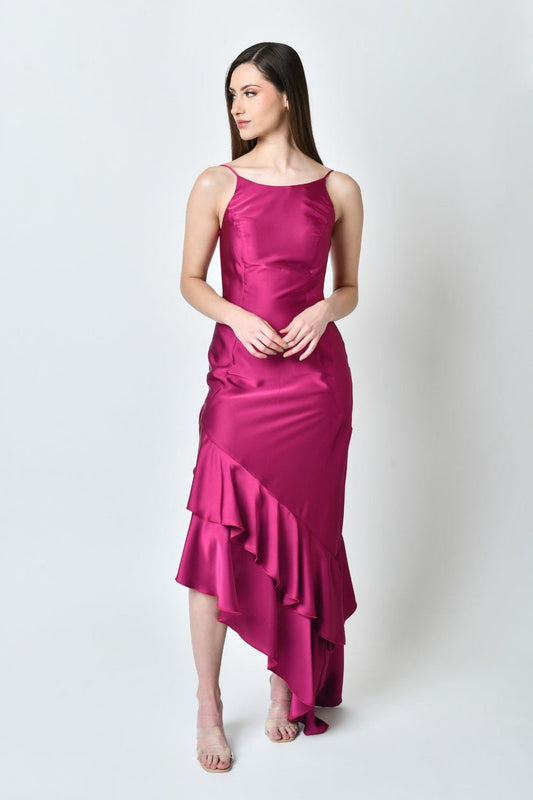 Vestido Satinado de Tirantes con Volantes - Dress12