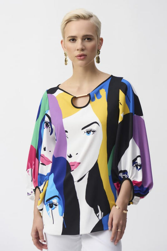 Blusa Estampada con Rostros y Mangas Globo – Joseph Ribkoff 251148