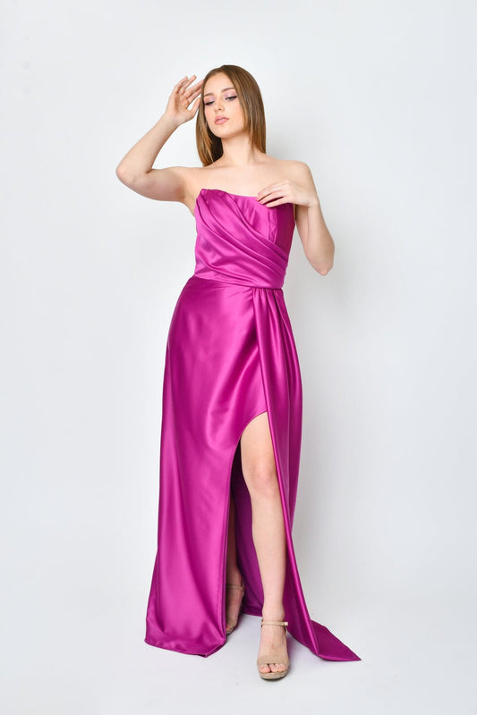 Vestido Largo Strapless Satinado con Corte Asimétrico - Dress13