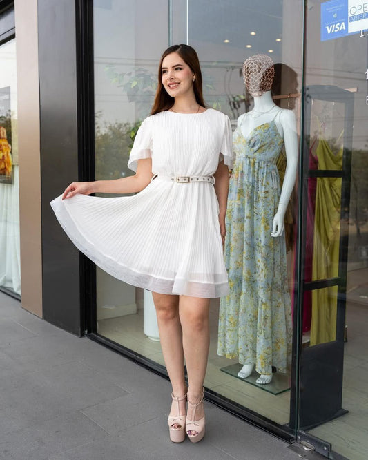 Vestido Corto Plisado Blanco - LD5480