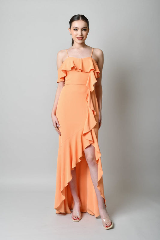 Vestido Largo de Volantes en Color Durazno-Dress04